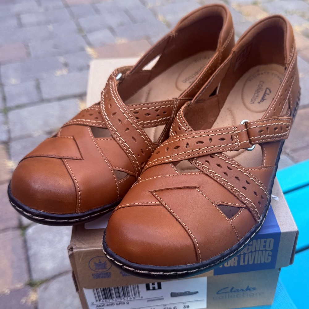 WOMENS CLARKS BROWN LEATHER MARY JANE ASHLAND SPIN Q COMFORT SHOES SIZE 8 NARROW - Picture 2 of 10